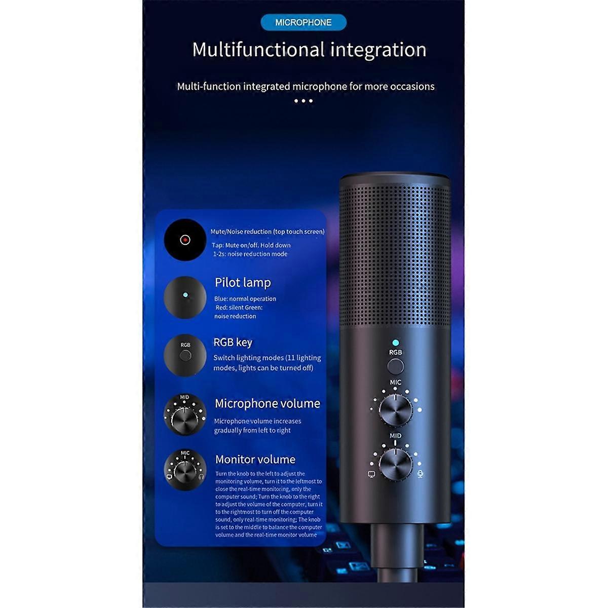 USB Live Microphone RGB Microphone Wired Capacitance Microphone for Game Recording K Song