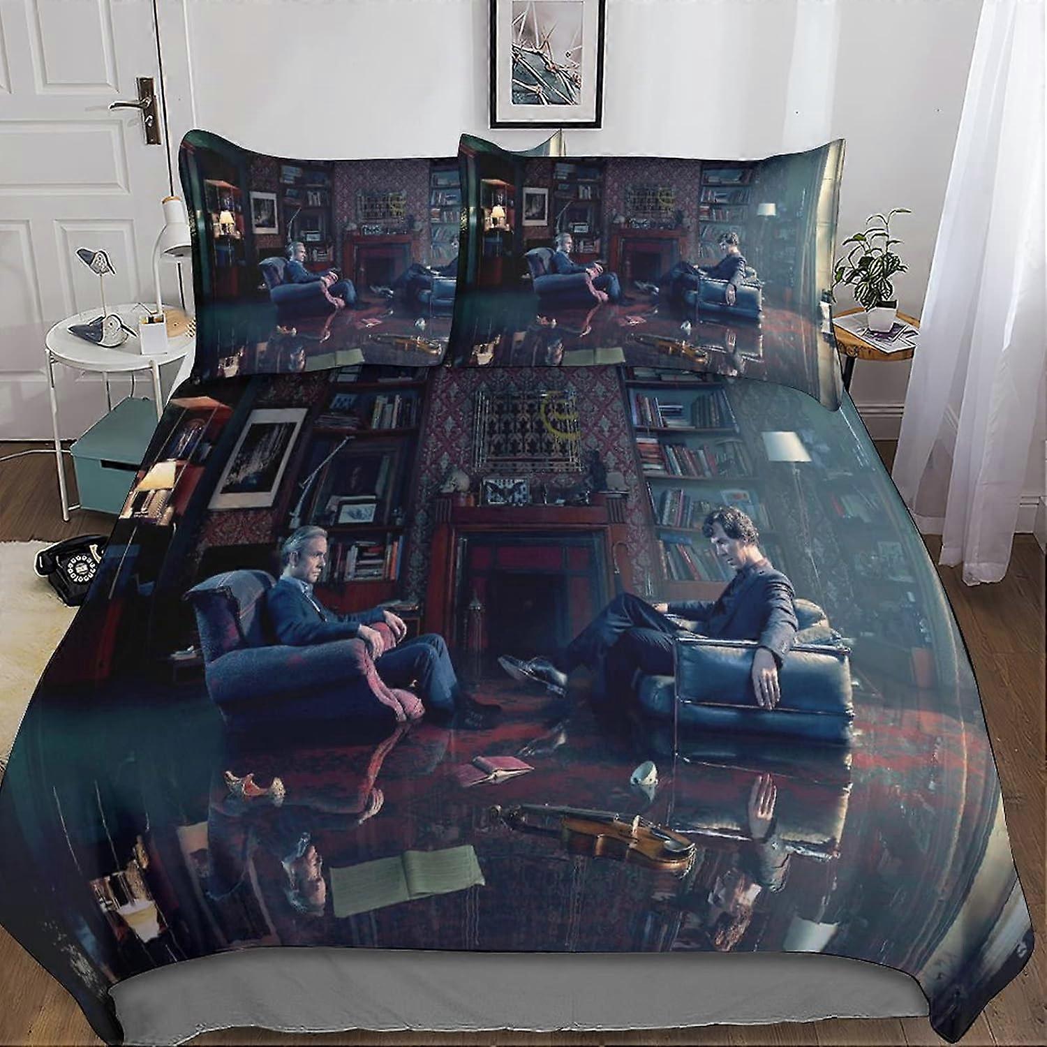 Sherlock Holmes 3 Piece Bedding Set with 3D Duvet Cover - Microfiber Bedding Set with Double Zipper Closure