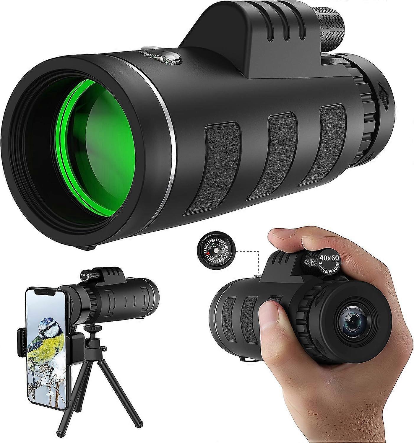40x60 High Definition Monocular with Smartphone Adapter, BAK4 Prism FMC Monocular with Clear Low Light Vision for Wildlife Hunting Camping Trips