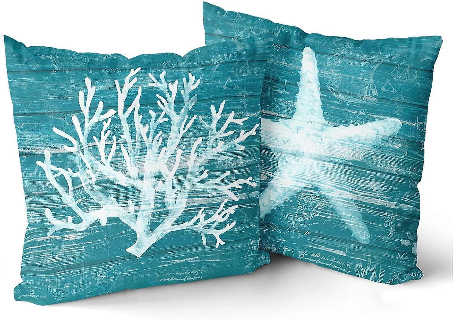 Summer Coral Starfish Pillow Covers - Teal Turquoise Coastal Square Decorative Throw Pillowcases - Blue Wood Plank, Ocean Style, Set of 2, 20x20 Inche
