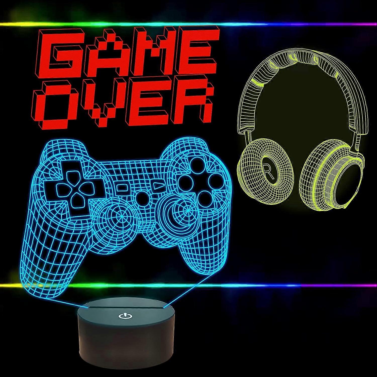 Pixel Game Over Illusion Lamp, Gamepad 3D Night Light (3 Patterns) with Remote Control 16 Color Changing Gaming Room Headset Decor Best Gamer Gi