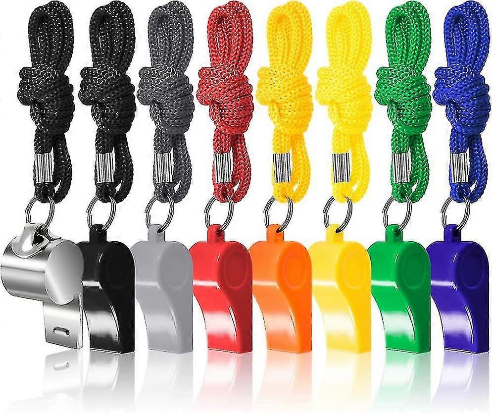 8 حزمة مدرب صفارة الحكم مع الحبل ، البلاستيك الملون والفولاذ المقاوم للصدأ صافرة كرة القدم للرياضة الإنقاذ البقاء على قيد الحياة التدريب في حالات الطوارئ