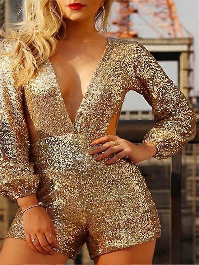 Women's Romper Cut Out Sequin Solid Color Deep V Elegant Party Homecoming Regular Fit Long Sleeve Gold Black