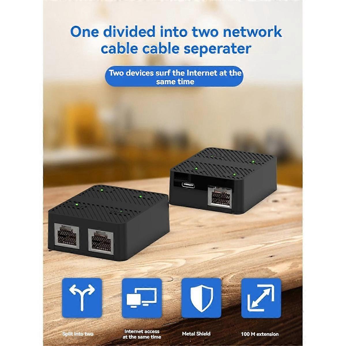 Comutator de rețea cu 2 porturi 100Mbps RJ45 Cablu de rețea Splitter Extender Selector Adaptor cu 2 căi Conector tip C Putere alb