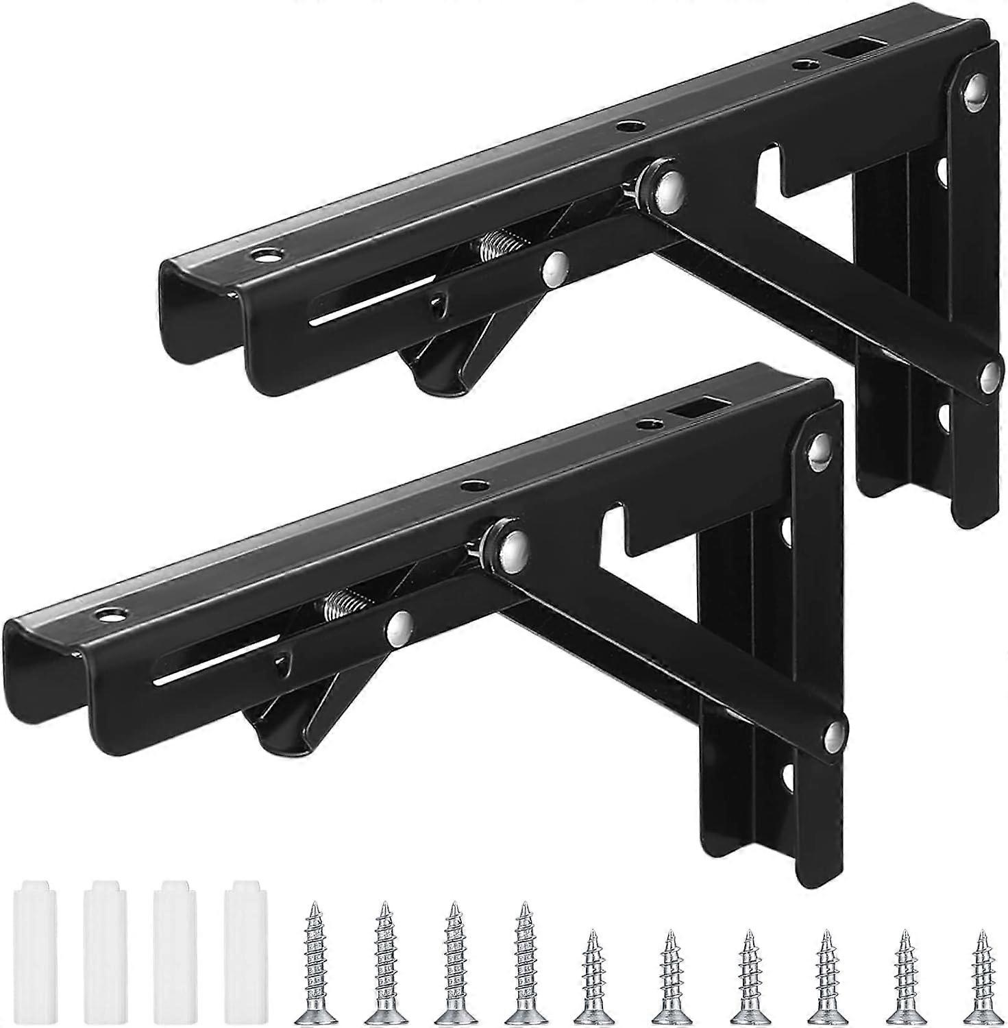 2 Piece Folding Shelf Bracket, Heavy Duty Foldable Shelf Bracket, Black Metal Floating Shelf Bracket Hardware, Foldable Shelf Hinged Bracket Wall Moun