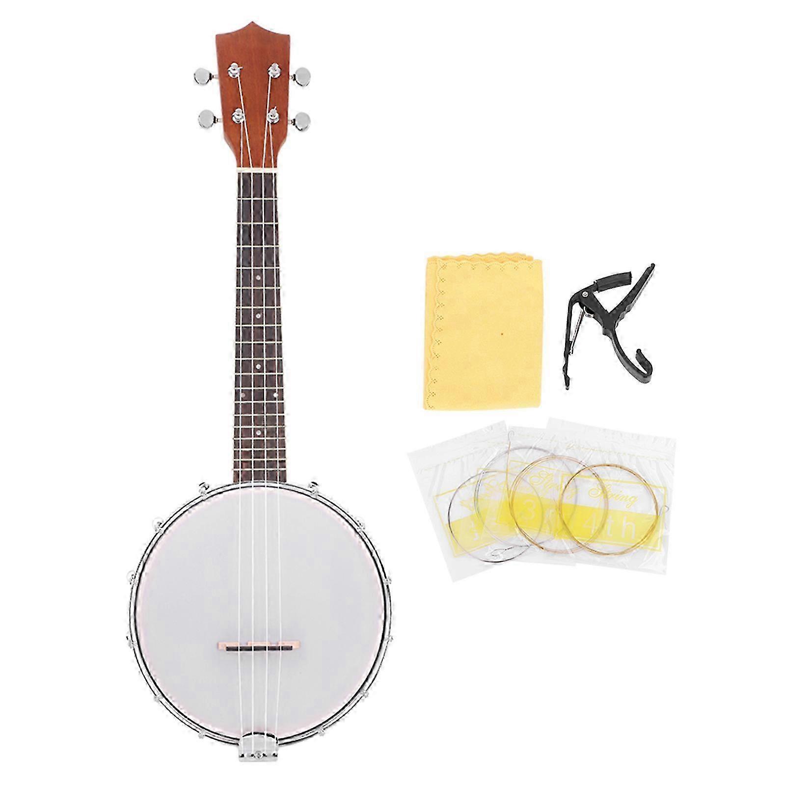 Exquisite 4 String Banjo Set with BJ10 Strings Capo Cleaning Polish Cloth