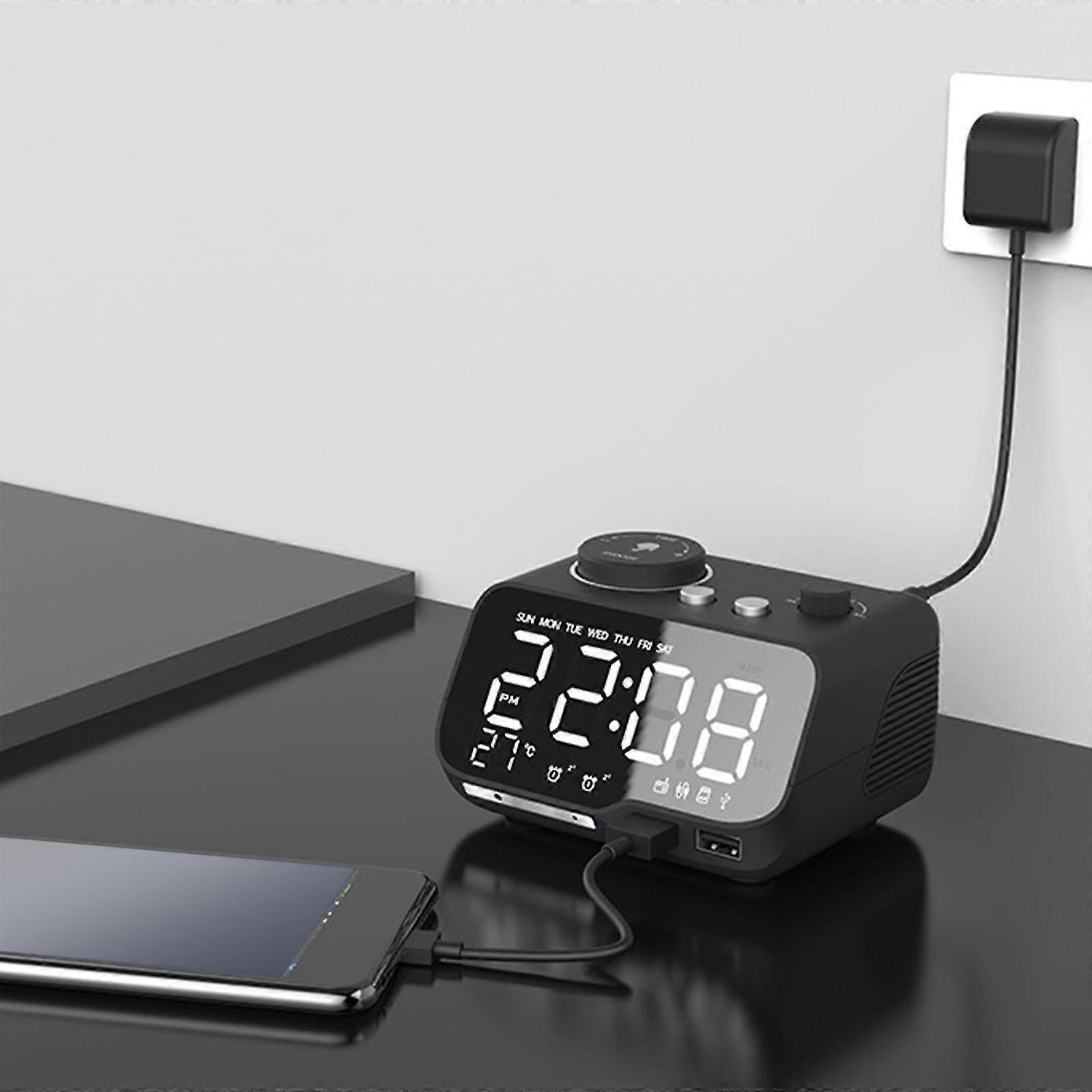 Alarm Clock Fm Radio Bluetooth Speaker 2 Alarm Setting For Bedside Black