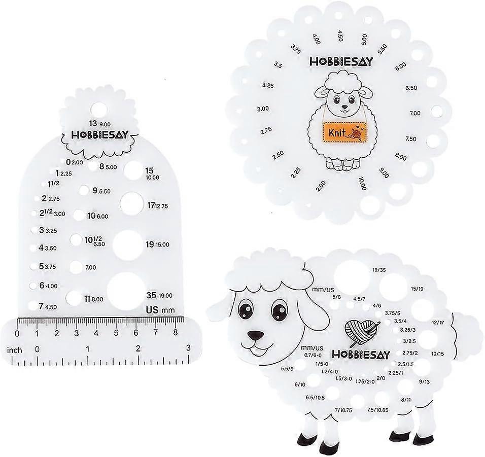 HOBBIESAY 3Pcs Sheep Knitting Needle Gauge Round Needle Gauge US 0 to US 35 Acrylic Needle Ruler Tool Knitting Gauge Measuring Tool Sizer for Measurin