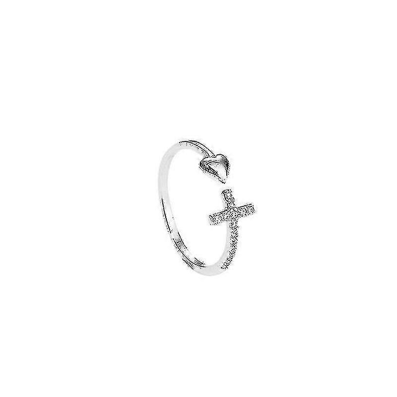 Silver Heart Cross Ring With Open Heart And Diamonds
