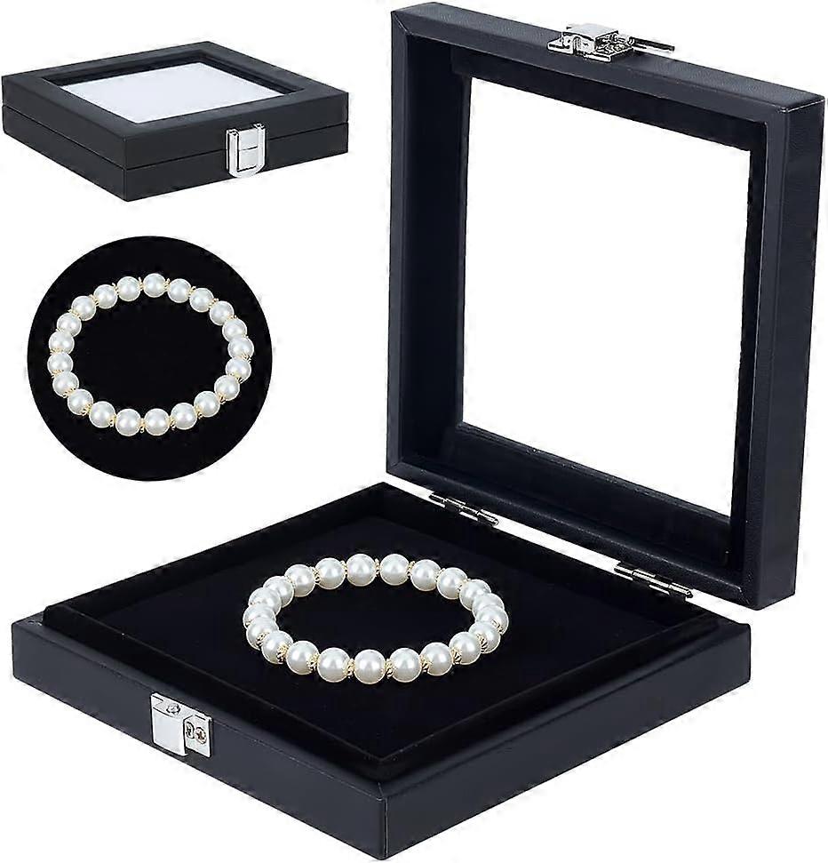 Jewelry Gemstone Display Case Imitation Leather Diamond Presentation Box Black Gemstone Display Box with Clear Glass Window Sponge Inside for Gems Coi