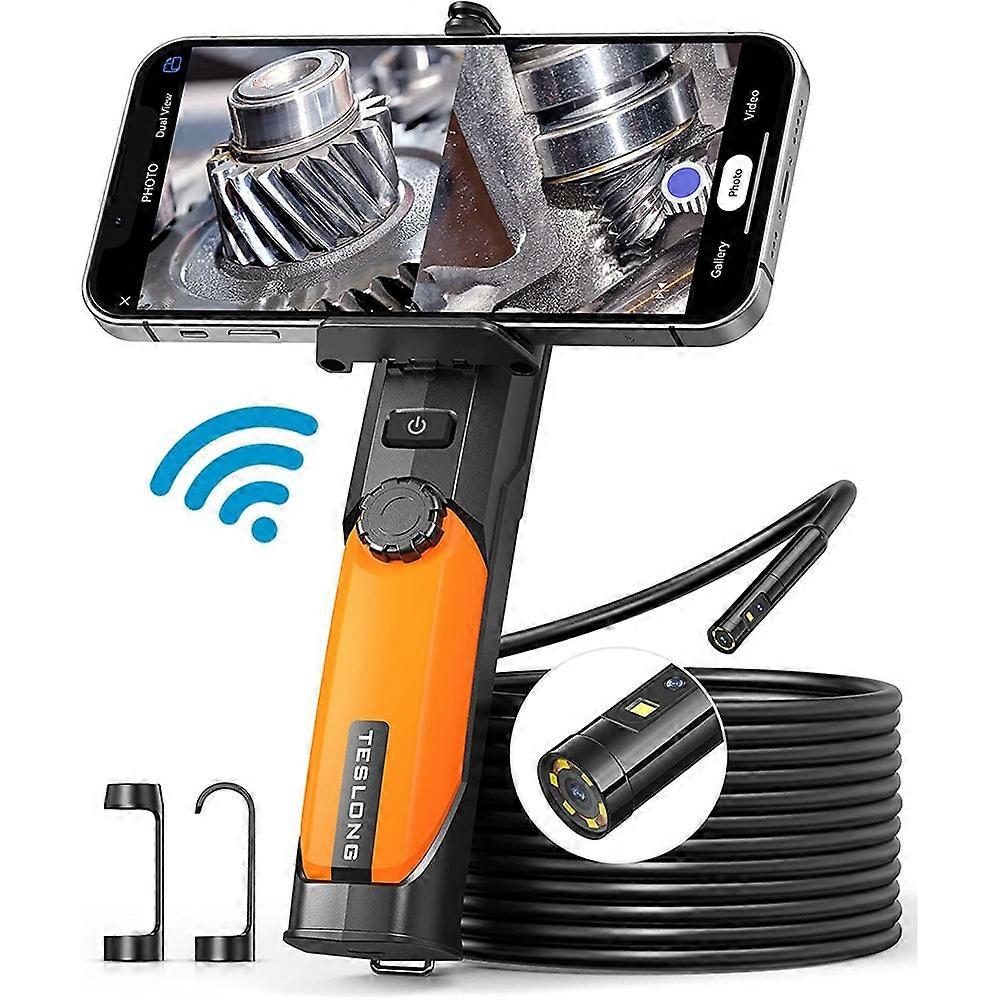 Teslong 8mm Dual Lens Wireless Handheld Endoscope Camera 2.0 MP HD WIFI Borescope for IOSAndroid 6 Leds Split Screen 2000mAh
