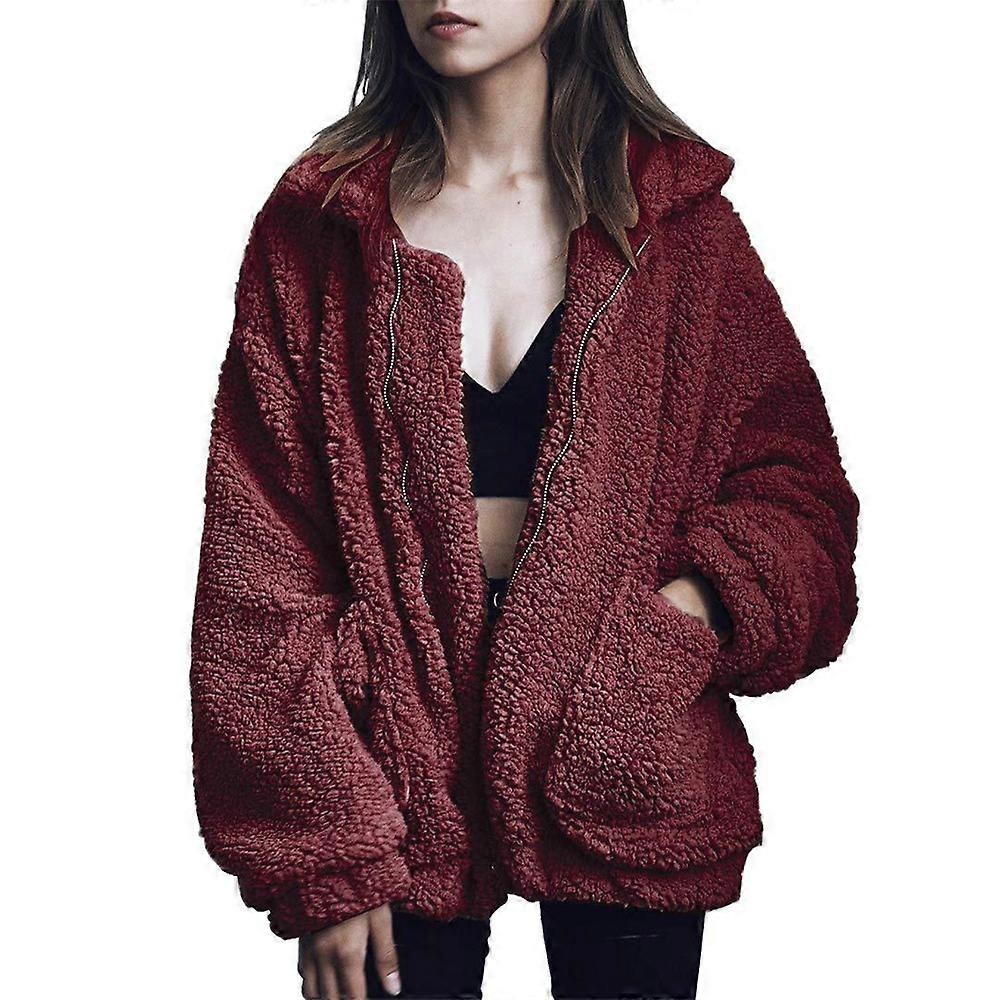 Women's Sherpa Jacket Casual Lapel Fleece Fuzzy Teddy Coat Oversized Outwear