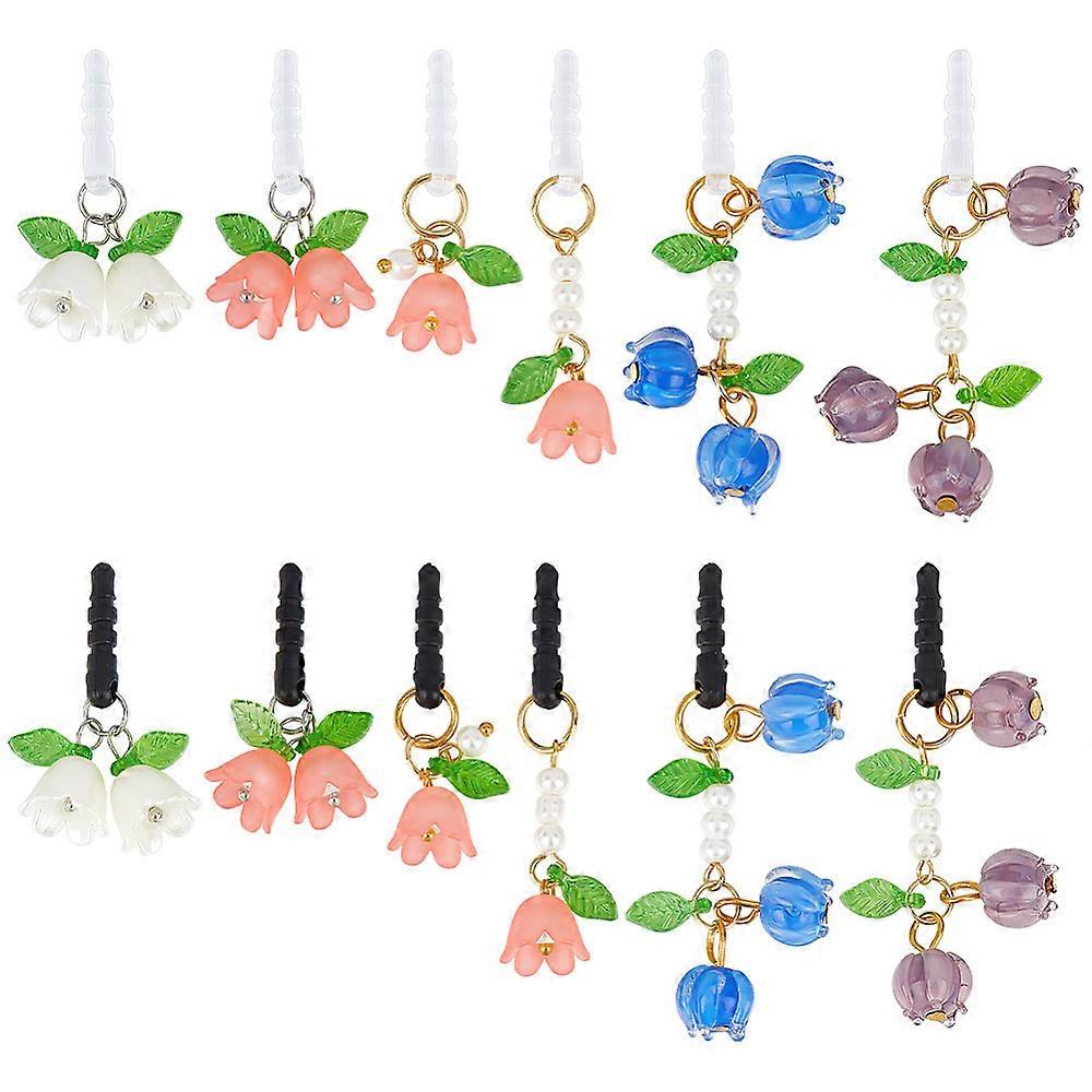Plastic Mobile Anti-Dust Plugs with Plastic Flower Pendants Mixed Color 3.3~6cm 12pcs/set