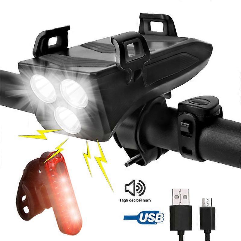 Waterproof 3 LED Front Bike Light USB Bicycle Headlight 4000 mAh Built-in Battery MTB Cycling Lamp+Phone Holder+5 Modes Speaker