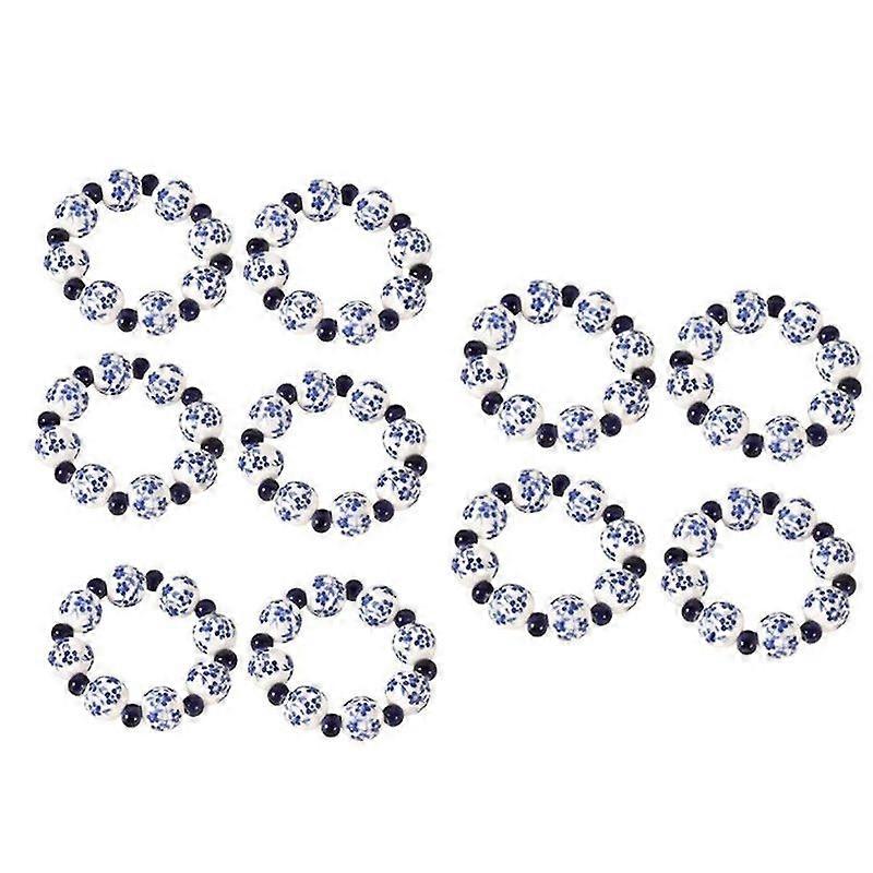 10PCS النمط العرقي رسمت باليد الأزرق والأبيض الخرز منديل الدائري المنزل الجدول الديكور منديل مشبك باليد مرسومة منديل الدائري