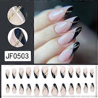 Clear Pink Almond Fake Nails With Line Printed Easy To Apply Simple To Peel Off Nails  Jelly Glue Model