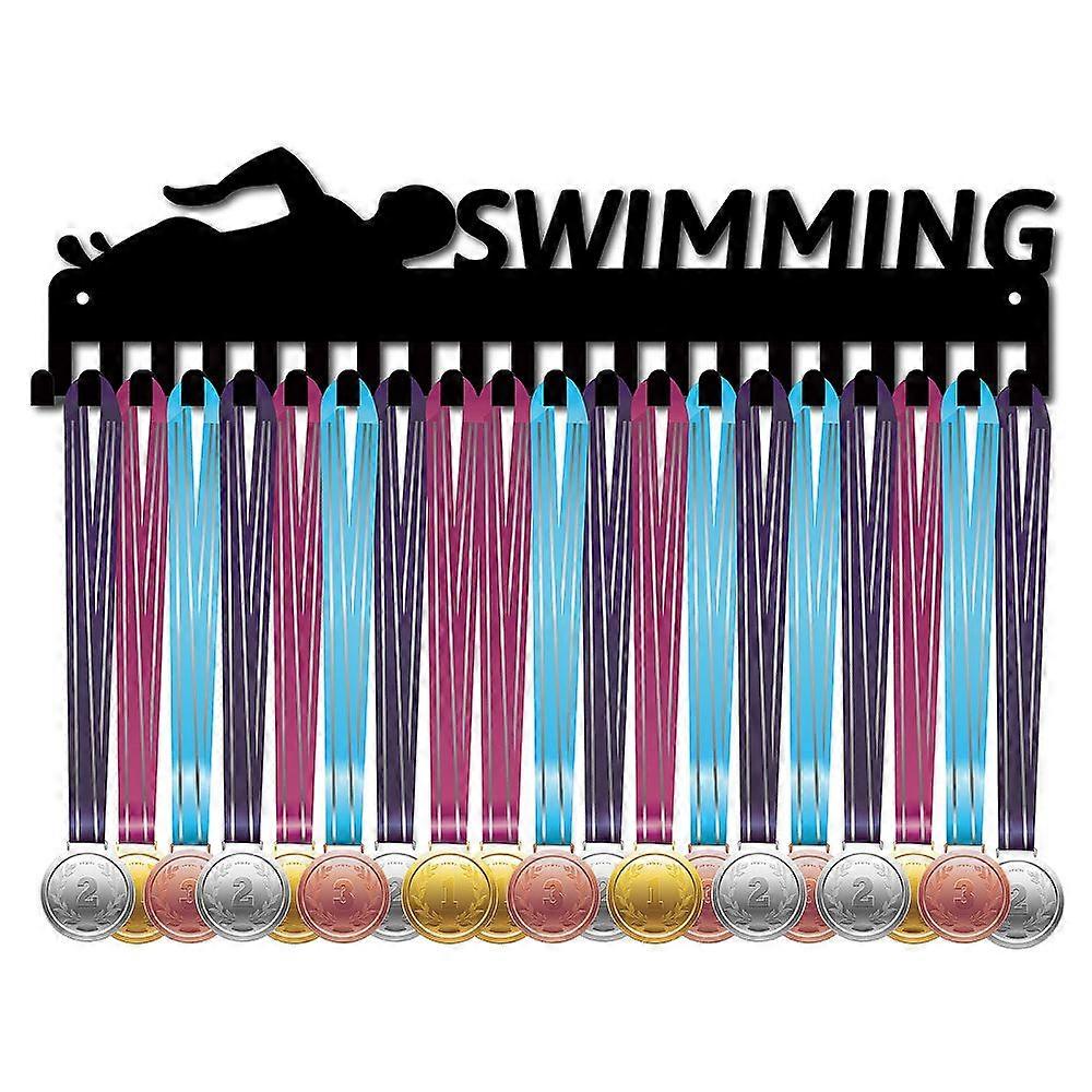 Iron Medal Holder Frame Medals Display Hanger Rack 20 Hooks with Screws Rectangle with Human and Word Swimming Electrophoresis Black 100x400mm