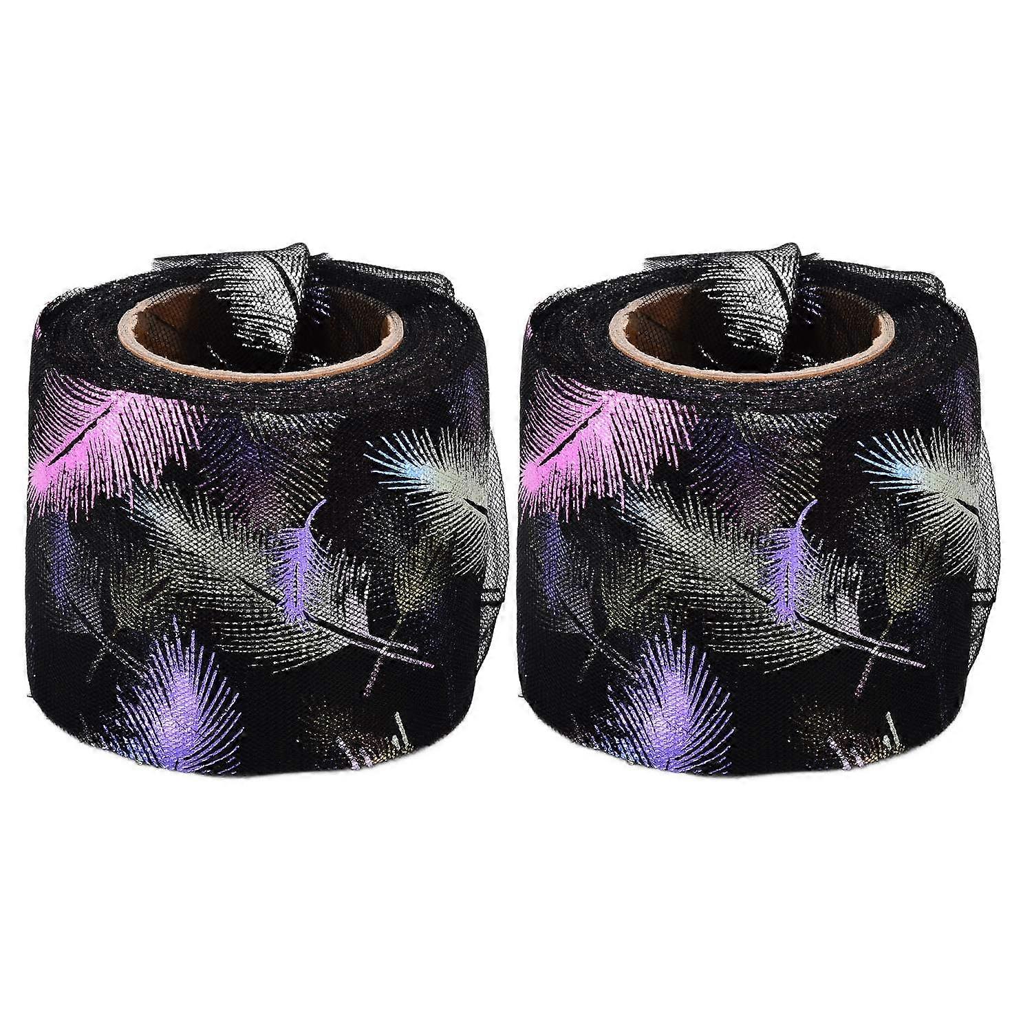 2Pcs Tulle Rolls 25 Yards Gradient Colorful Feather Pattern Bronzing Mesh Decorative CraftsBlack