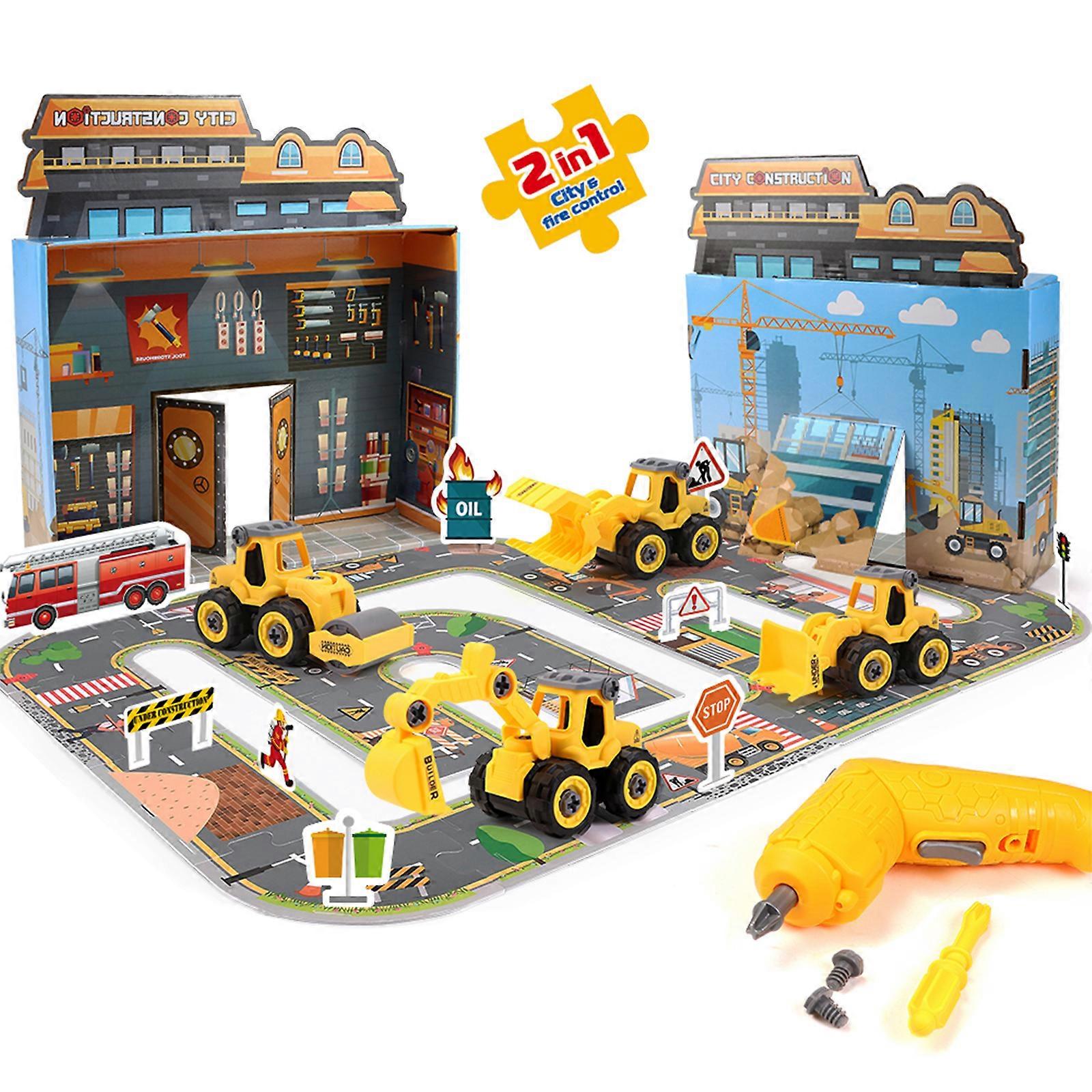 Puzzle & Construction Vehicle Set with Double Sided Scene