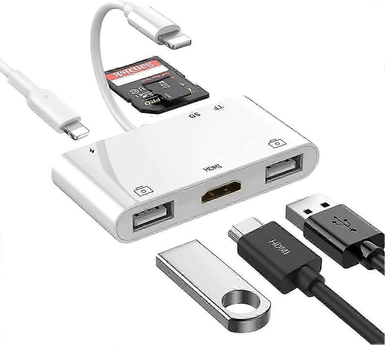 Lightning Hub iPad-Adapter, 6-in-1-Lightning-zu-HDMI-Digital-AV-Konverter, TF- und SD-Kartenleser, USB-Kameraadapter, Stromversorgung