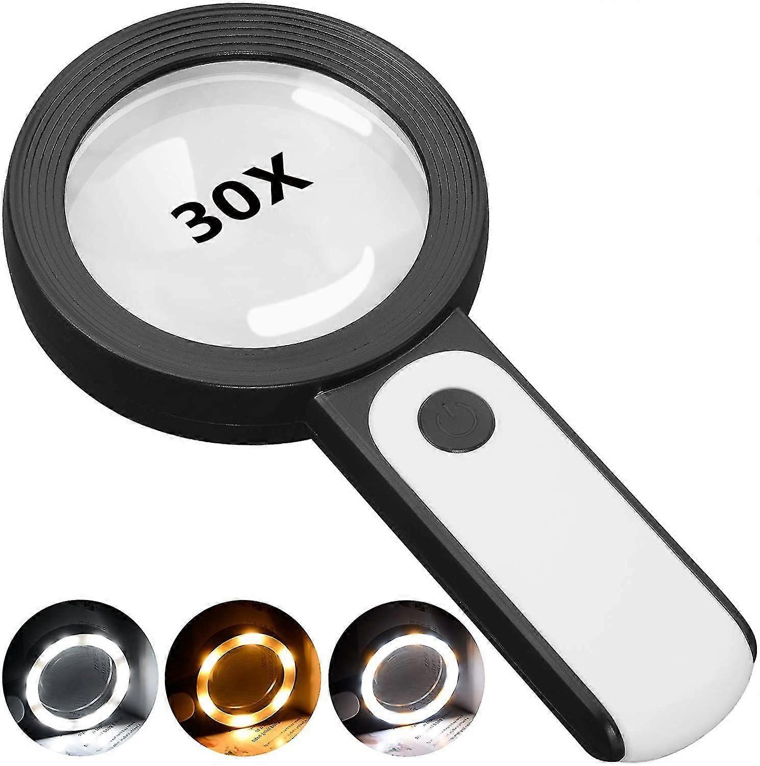 Magnifying Glass With Light, 30x Handheld Large Magnifying Glass 18led Cold And Warm Light With 3 Modes, Illuminated Lighted Magnifier For Seniors Rea