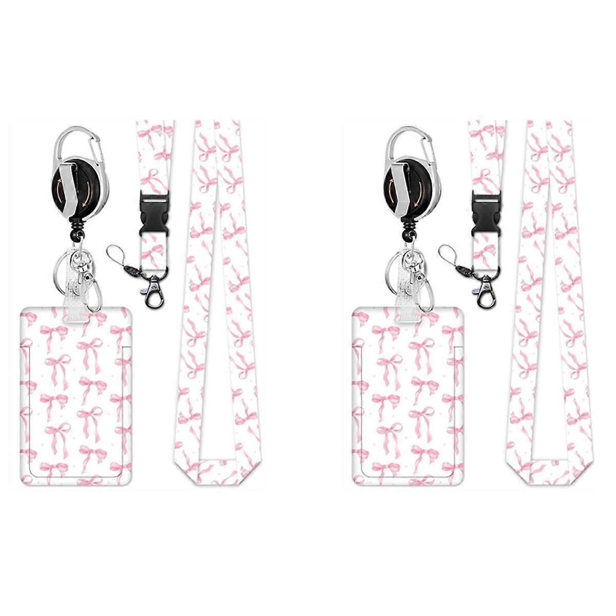 2 Badge Holder Retractable Clip with Lanyard,Bow Print Lanyard with ID Holder,Breakaway Lanyard for