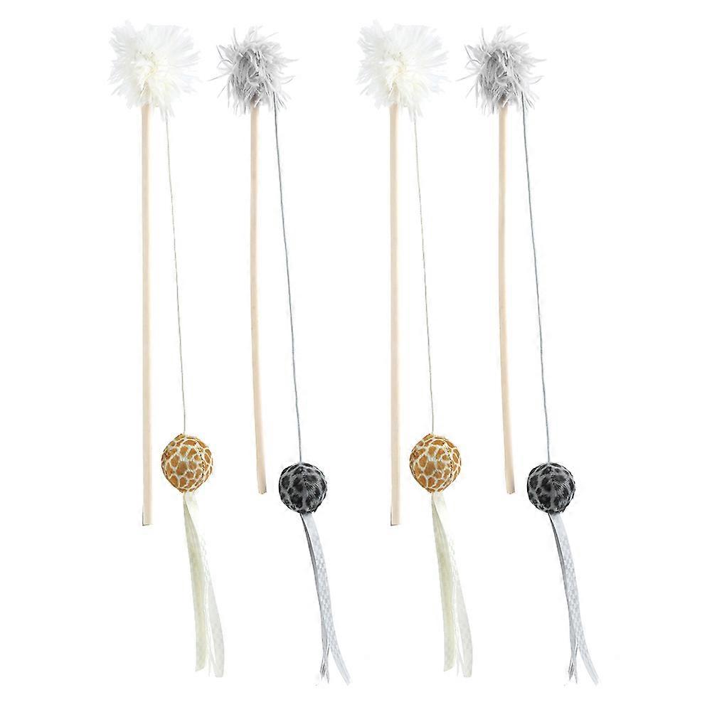 4PCS Wood Handle Cat Teaser Wand Toys with Colorful Feathers and Bell, Interactive Play for Indoor Cats