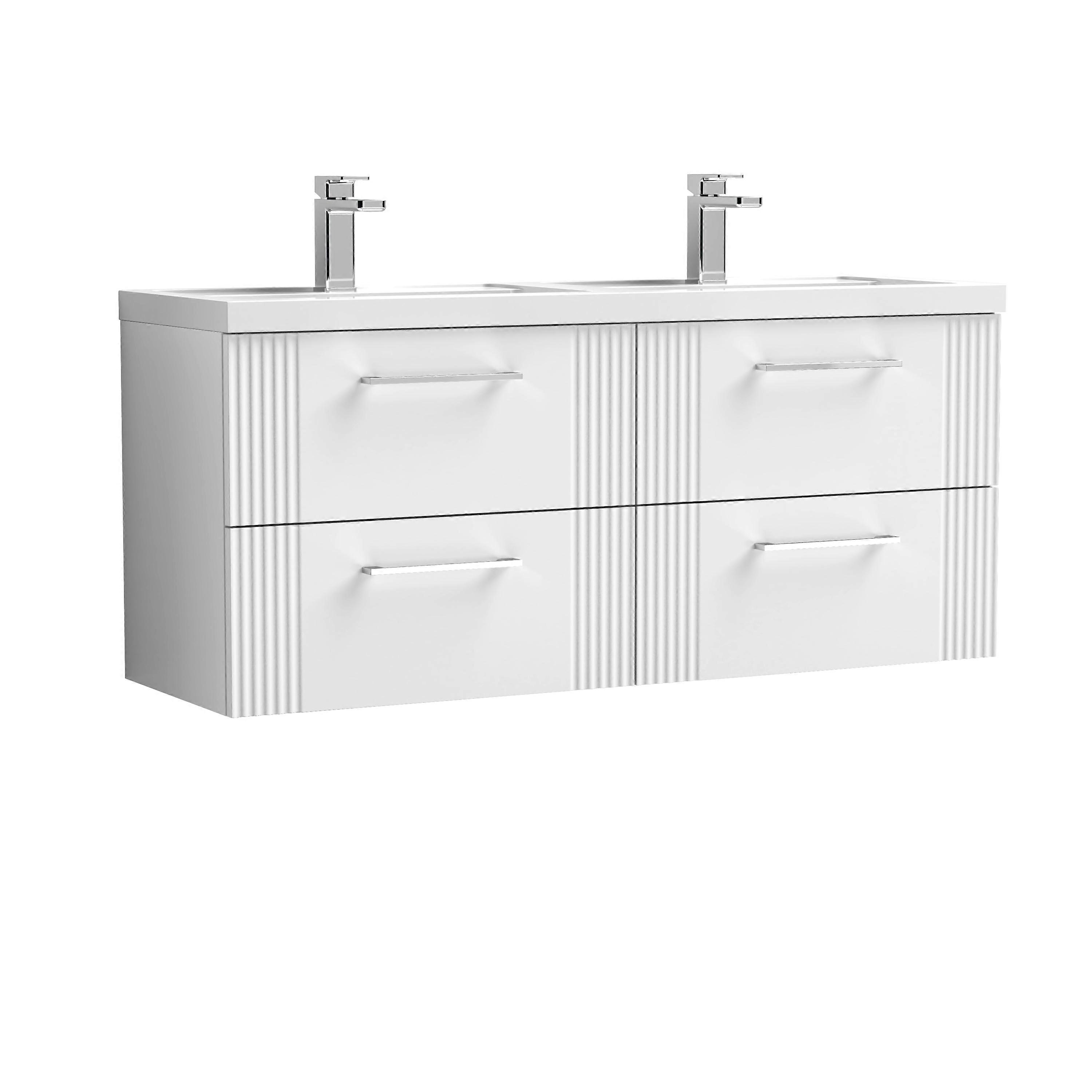 Partial Fluted 4 Drawer Wall Hung Vanity Unit with Double Polymarble Basin - 1200mm - Satin White 