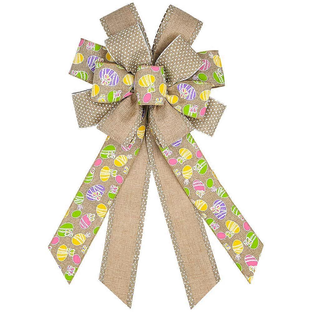 Large Colorful Egg Burlap Wreath with Beige Dots and Bows for Spring Easter Front Door Wall Decor