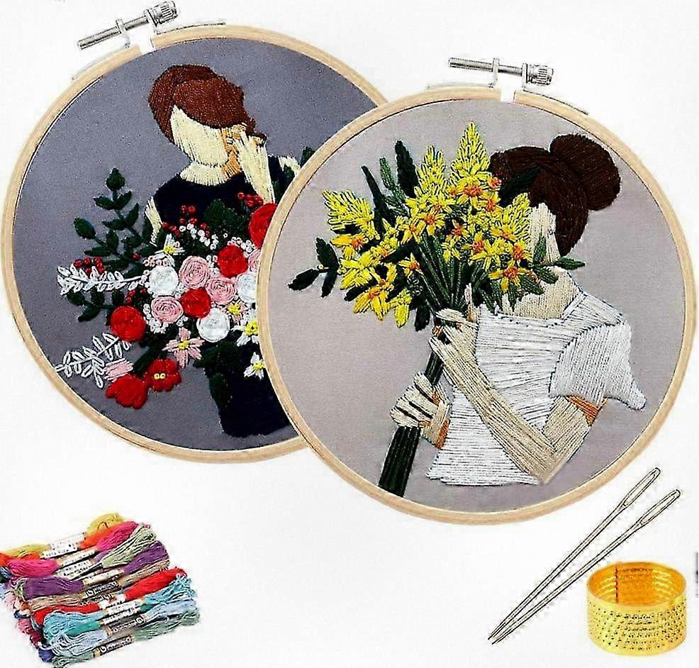 Beginner Embroidery Kit with Floral Design, Complete Stamped Embroidery Set Including Guide, Fabric with Floral Motif for Handcraft