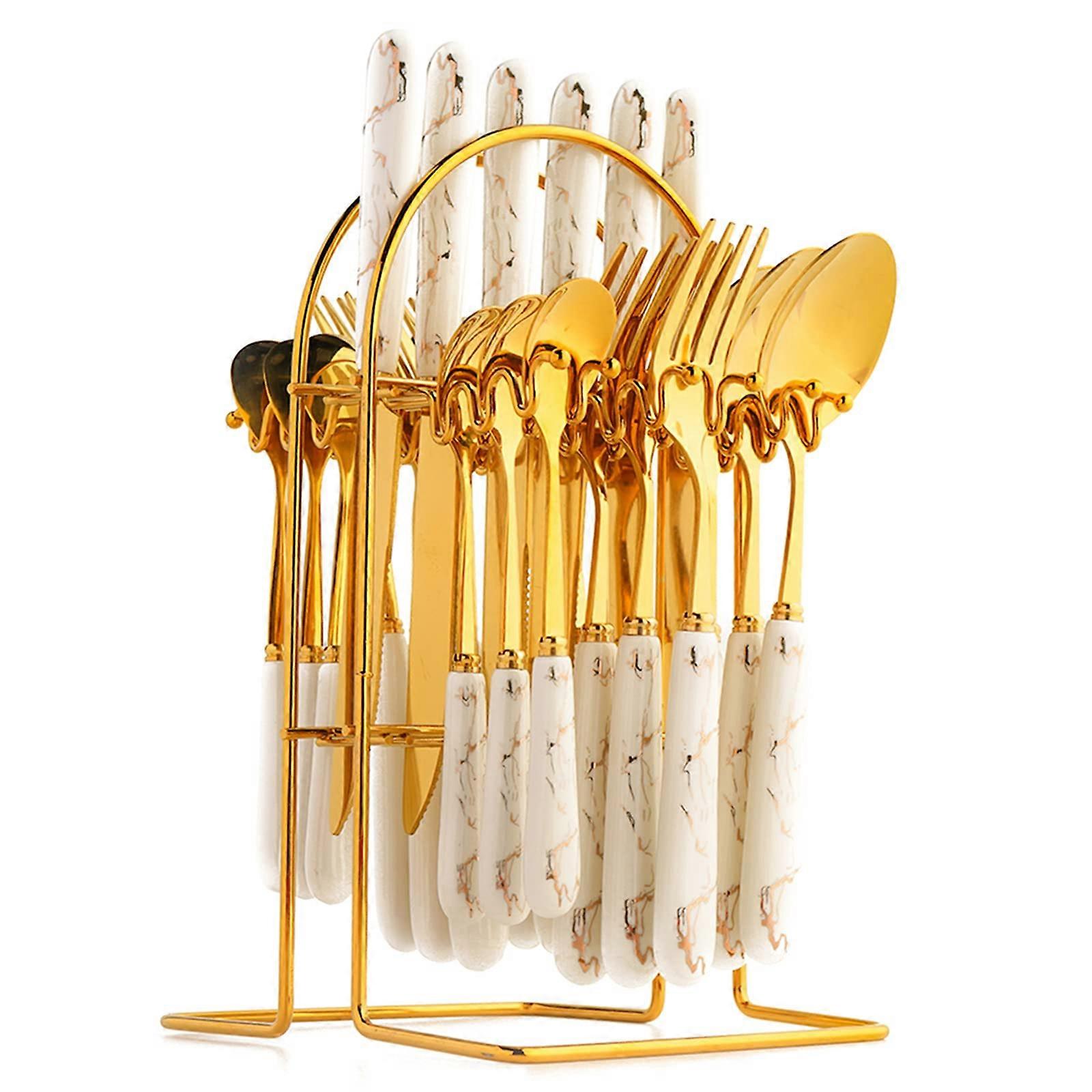 24 Piece Set Gilded Metal Flatware Set for Kitchen Tableware