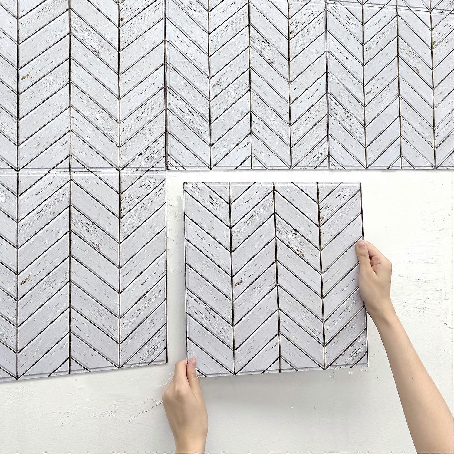 20pcs 3D White Wood Wall Panels, Self-Adhesive Waterproof Tile Stickers for Farmhouse Style Decor, 30x30cm