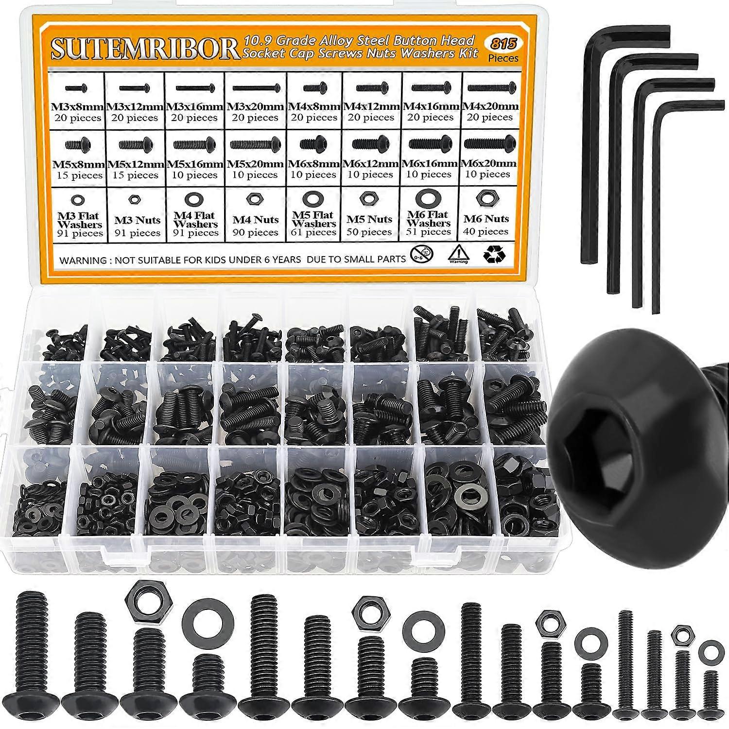 815 Pieces Black M3 M4 M5 M6 Button Head Socket Cap Screws Nuts Washers Assortment Kit