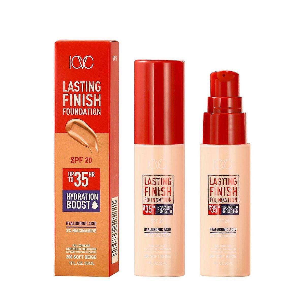 Lasting Finish 35Hr Foundation 200 Soft Beige, Full Coverage, Återfuktande, SPF20, Hyaluronsyra, E-vitamin, 2% Niacinamid, Kan användas hela dagen, Vegan, Grym