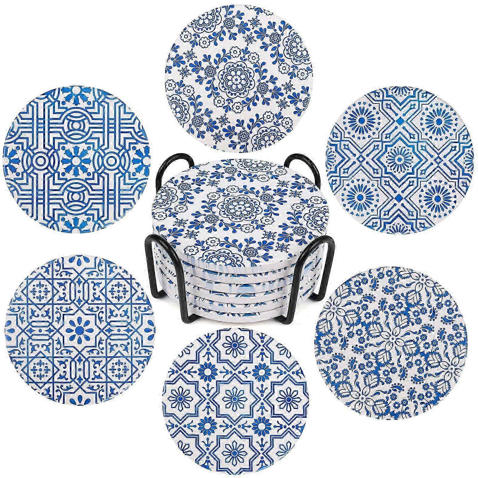 Ceramic Coaster Set - 6 Pieces with Storage Rack for Home & Restaurant