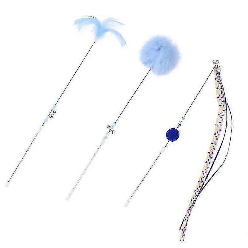 1 set of 3pcs interactive pet toy teaser stick with ribbon and feather for cats