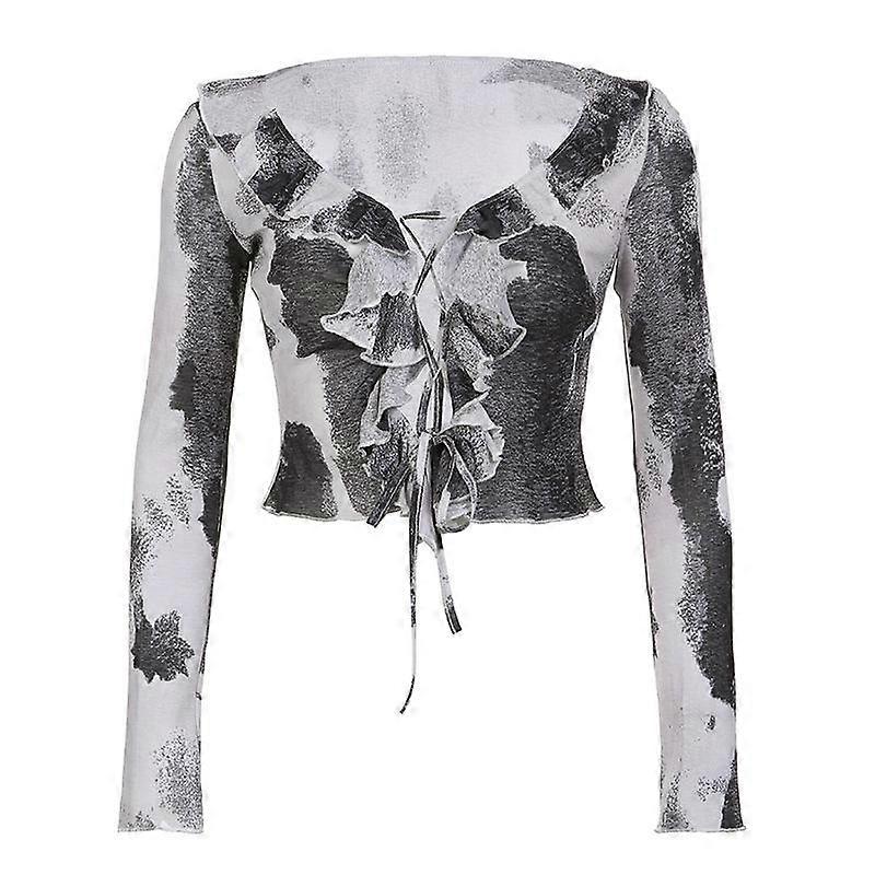 Women Lace-Up V-Neck Ruffles T Shirts Summer Short Light Clothes Tie-Dye Long Sleeve Crop Tops