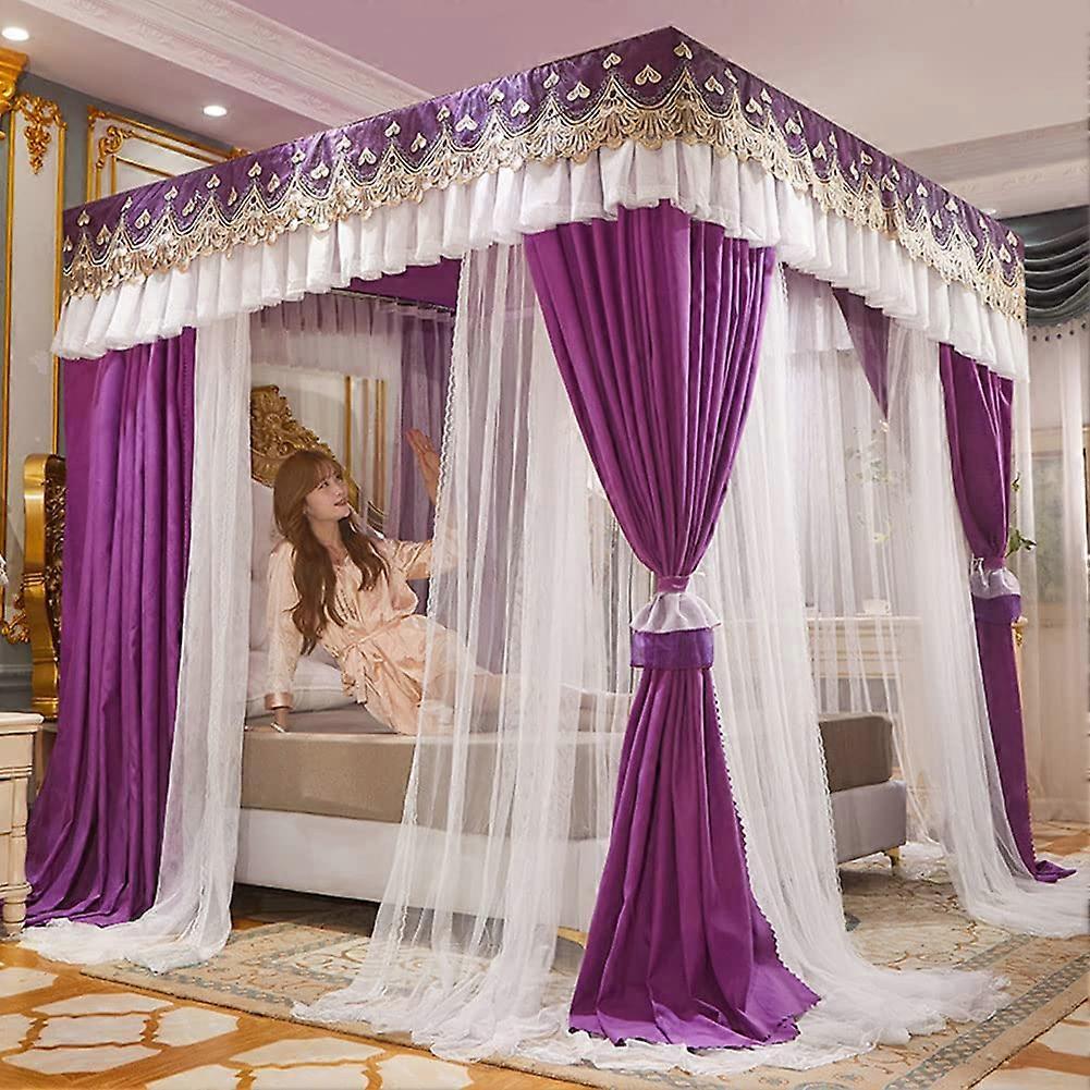 Bed Canopy Net For Girls Purple Double Layer Curtains Four Poster Bed Frame 200 X 220 X 200 Cm Fits Single King Beds