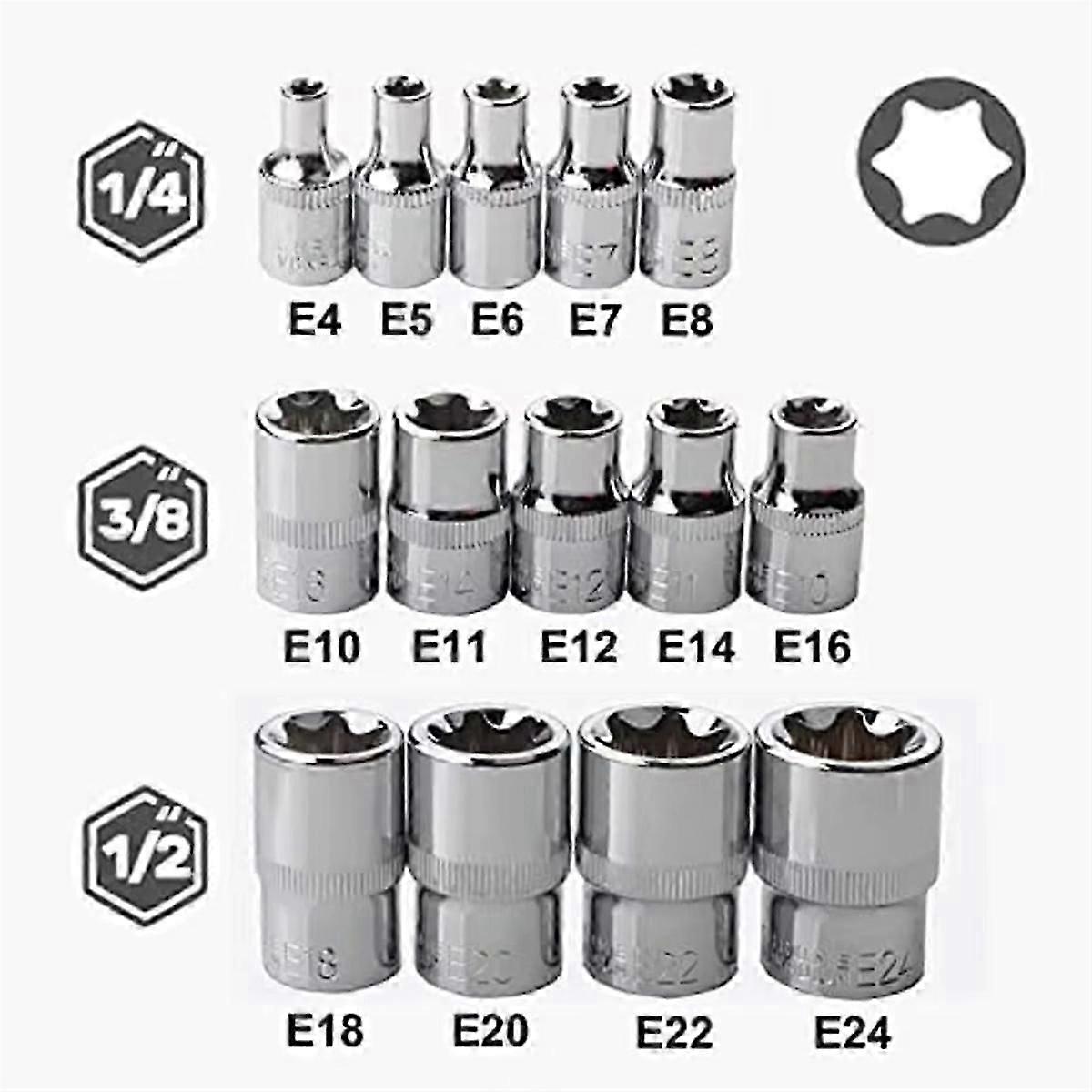 14PCS Female E Star Torx Socket Set (E4 - E24) for European Market