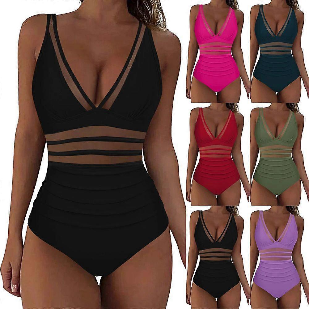 Solid-Color Deep V Neck Mesh Hollow Swimsuit Quick Drying Comfy Soft Swimwear for Swimming Pool
