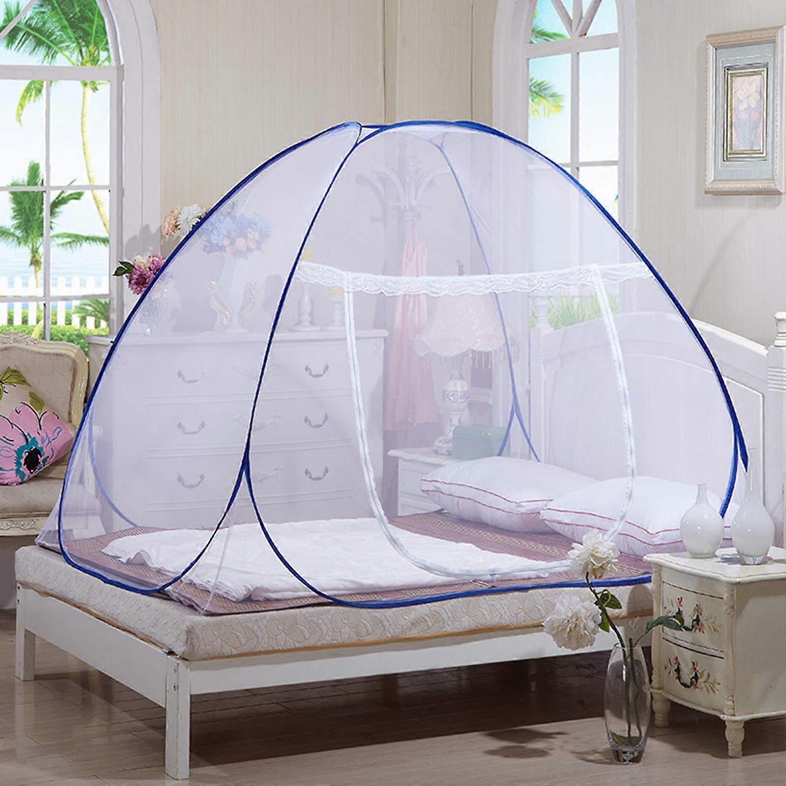 Mosquito Net, Portable Travel Mosquito Netting, Foldable Double Door Camping Canopy, Blue Trim, Single Door 150x200x150cm