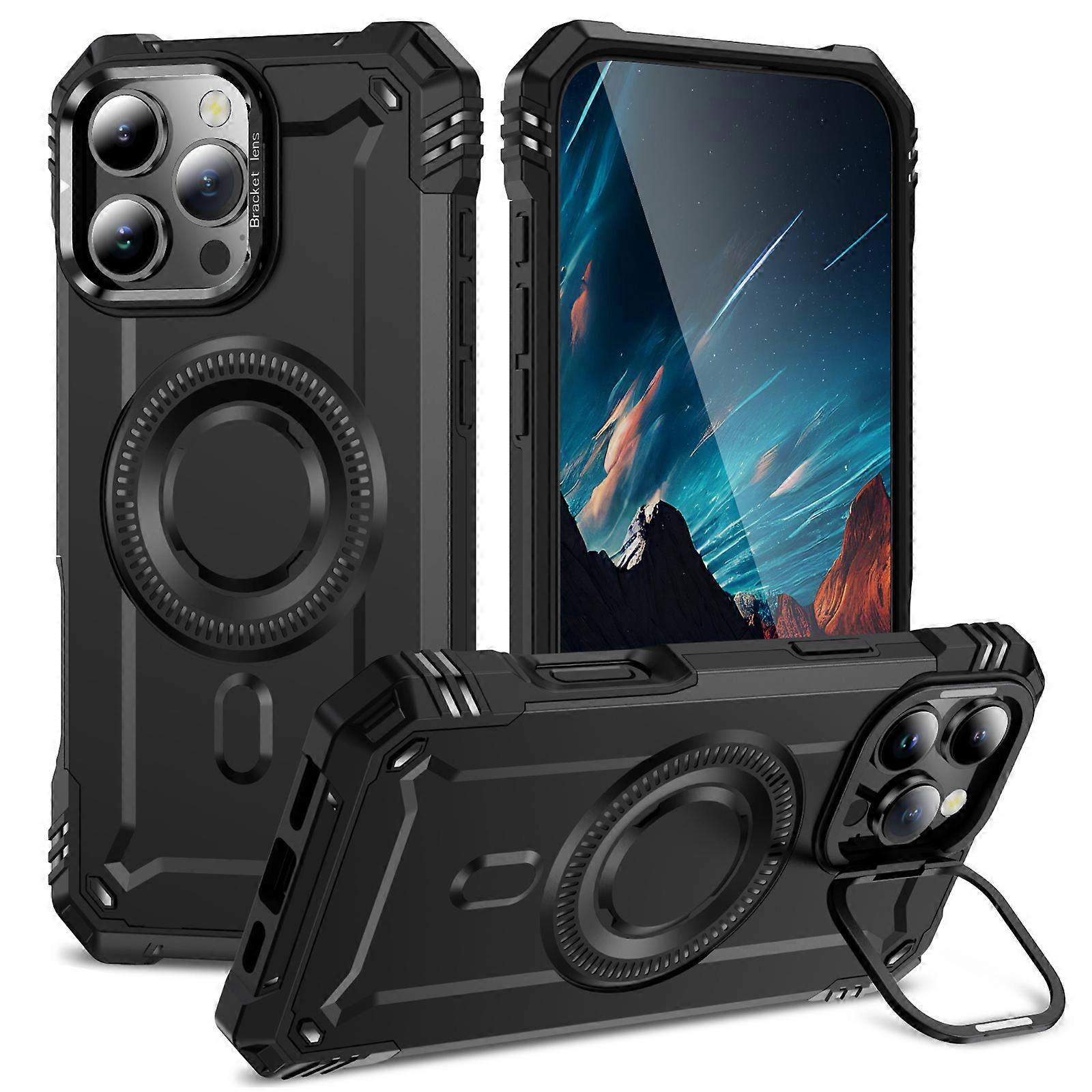 غطاء حافظات لهاتف iPhone 16 Pro جراب مغناطيسي عدسة مسند للكمبيوتر الشخصي + غطاء هاتف مقاوم للصدمات TPU - أسود