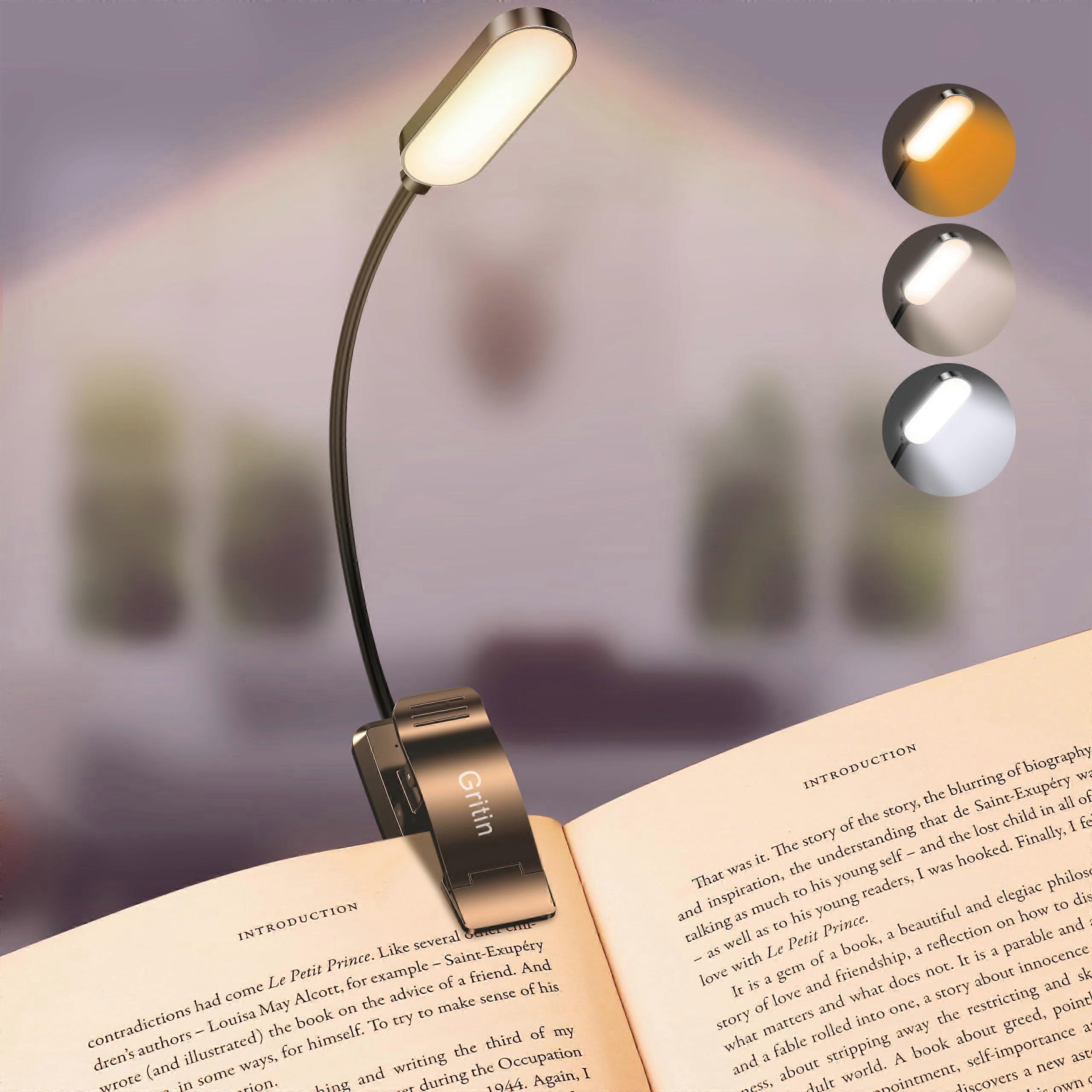 Reading Lamp Book Clamp USB C Rechargeable 16 LED Light 3 Color Temperature Modes Flexible 360° Night Reading in Bed Black