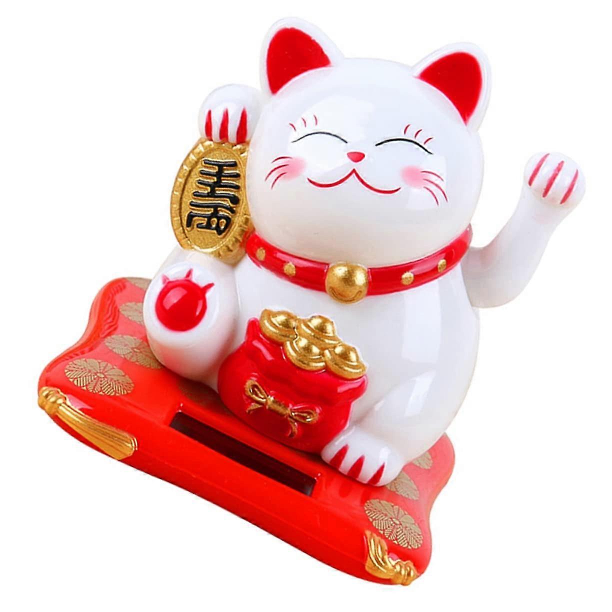 Lucky Cat Solar Powered Waving Figurine for Home Office Decor and Feng Shui Charm