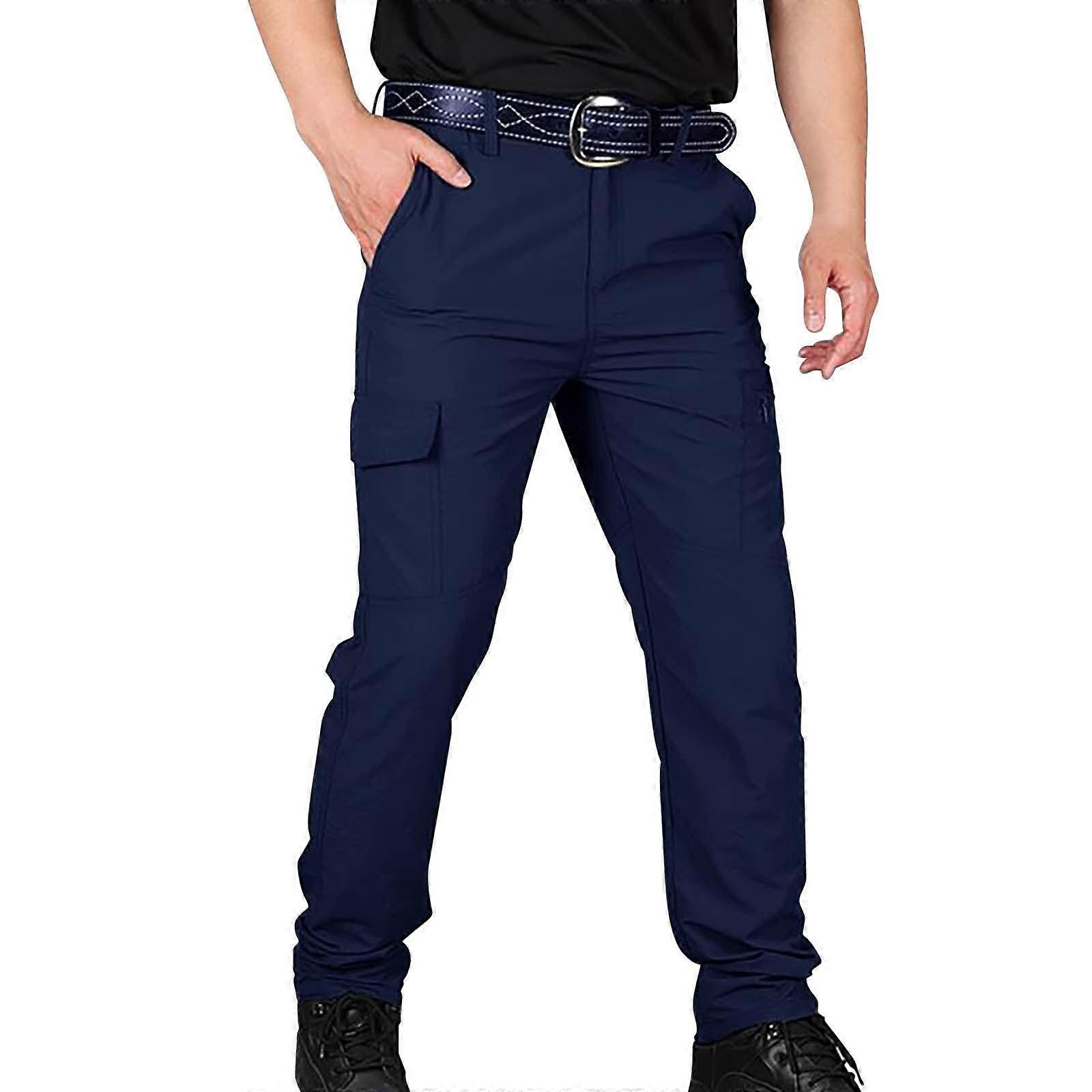 Men's Trousers with Multi-Layer Pockets, Comfortable Casual Hiking Trousers in Dark Blue, Plain Work Pants for Men