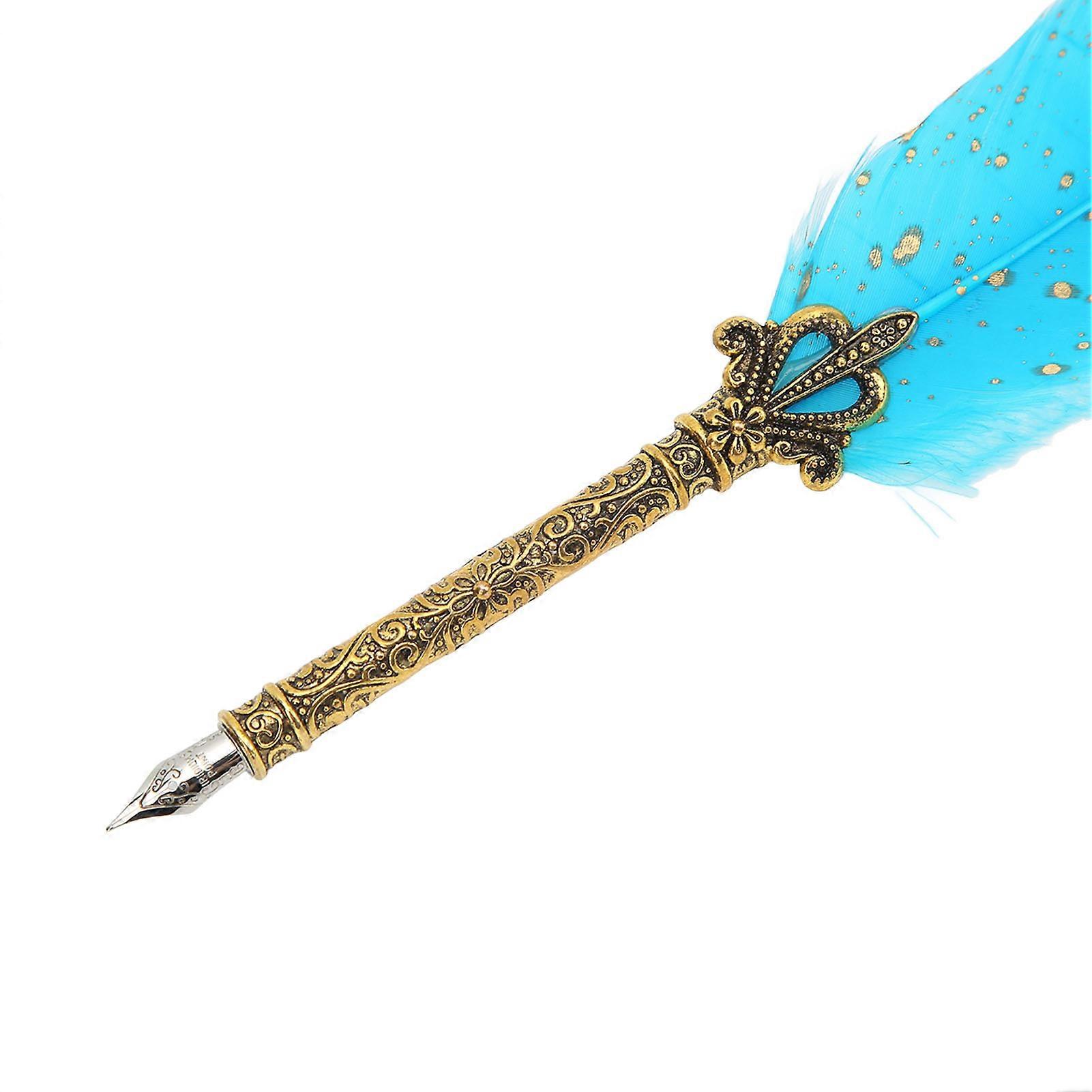 Feather Pen Soft Texture Zinc Alloy Engraved Nib Vintage Style DIY Making Calligraphy Dip Pen Set for Art Writing Sky Blue