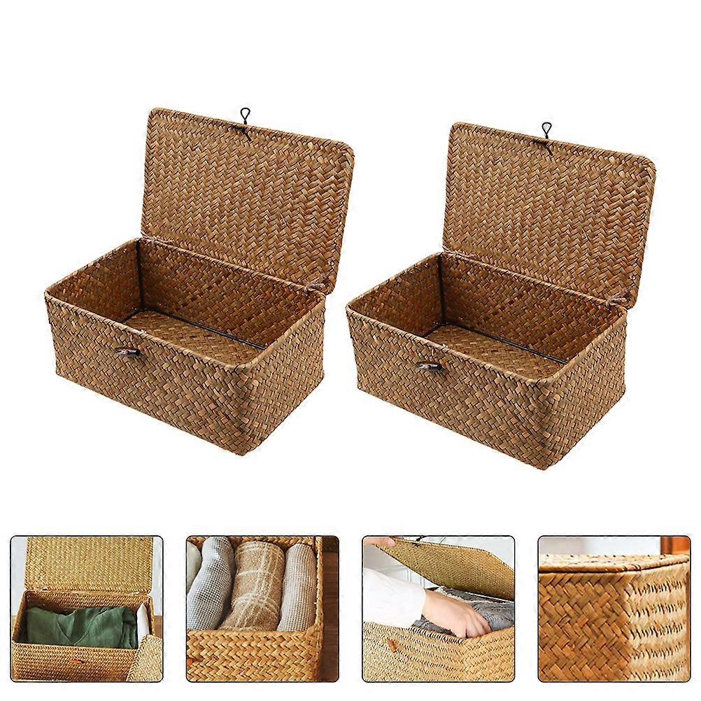 Light Brown Woven Storage Baskets with Seaweed Style for Home 2 Pieces Practical Home Storage