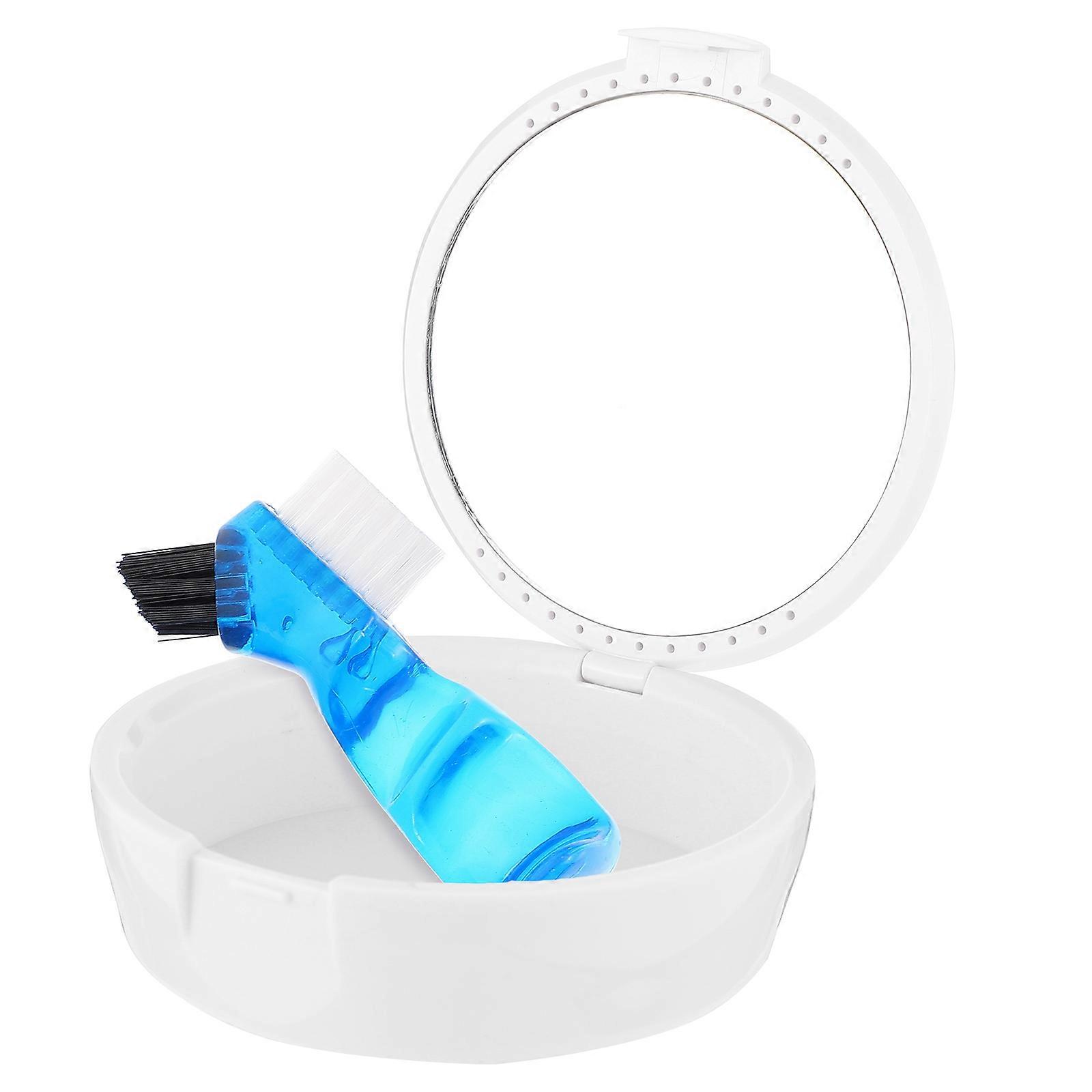 Round Denture Container with Brushing Function Compact Size for Elders Denture Care Kit 1Set