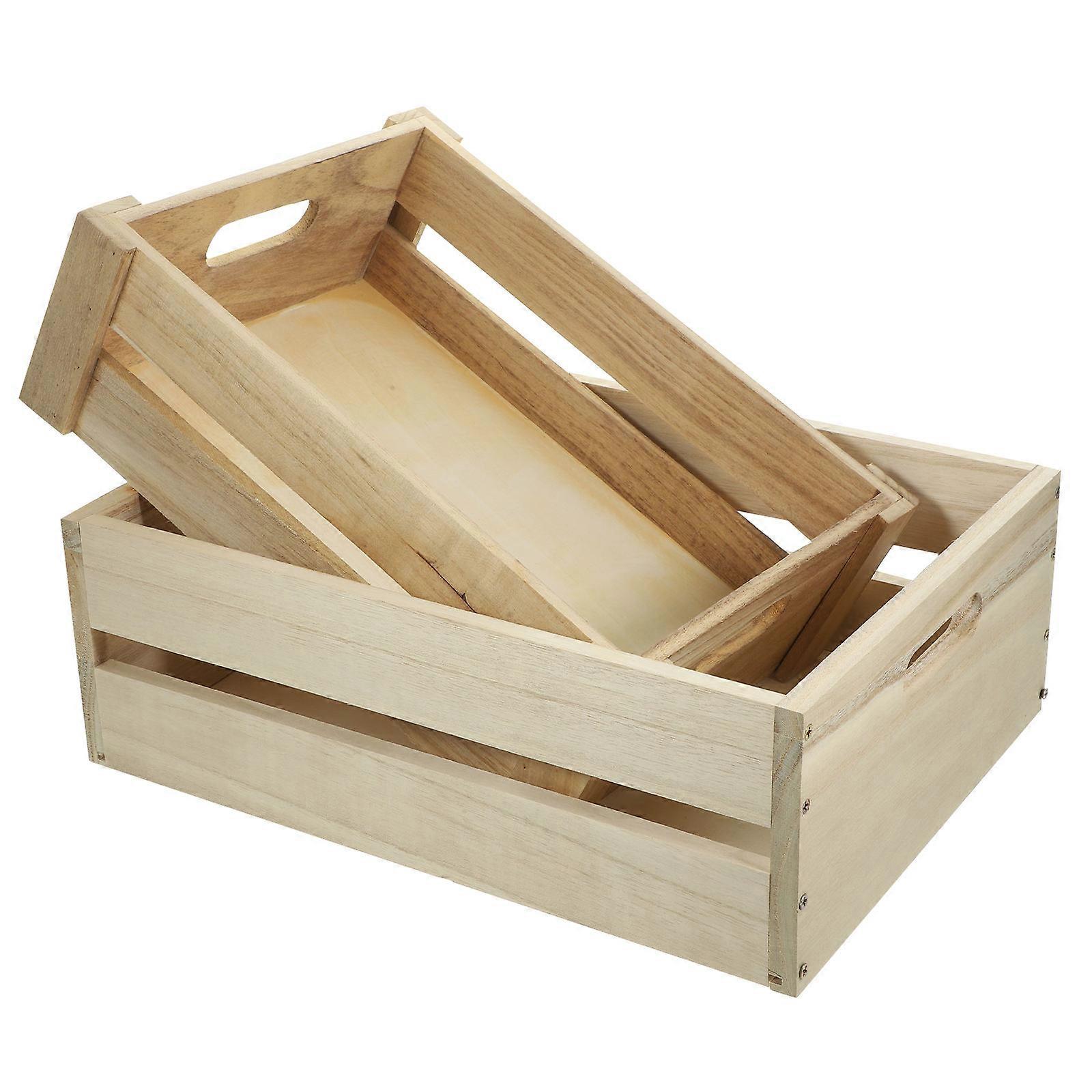 2pcs Wooden Storage Crates with Hollow Handles Crafted Wood Boxes for Home and Shop