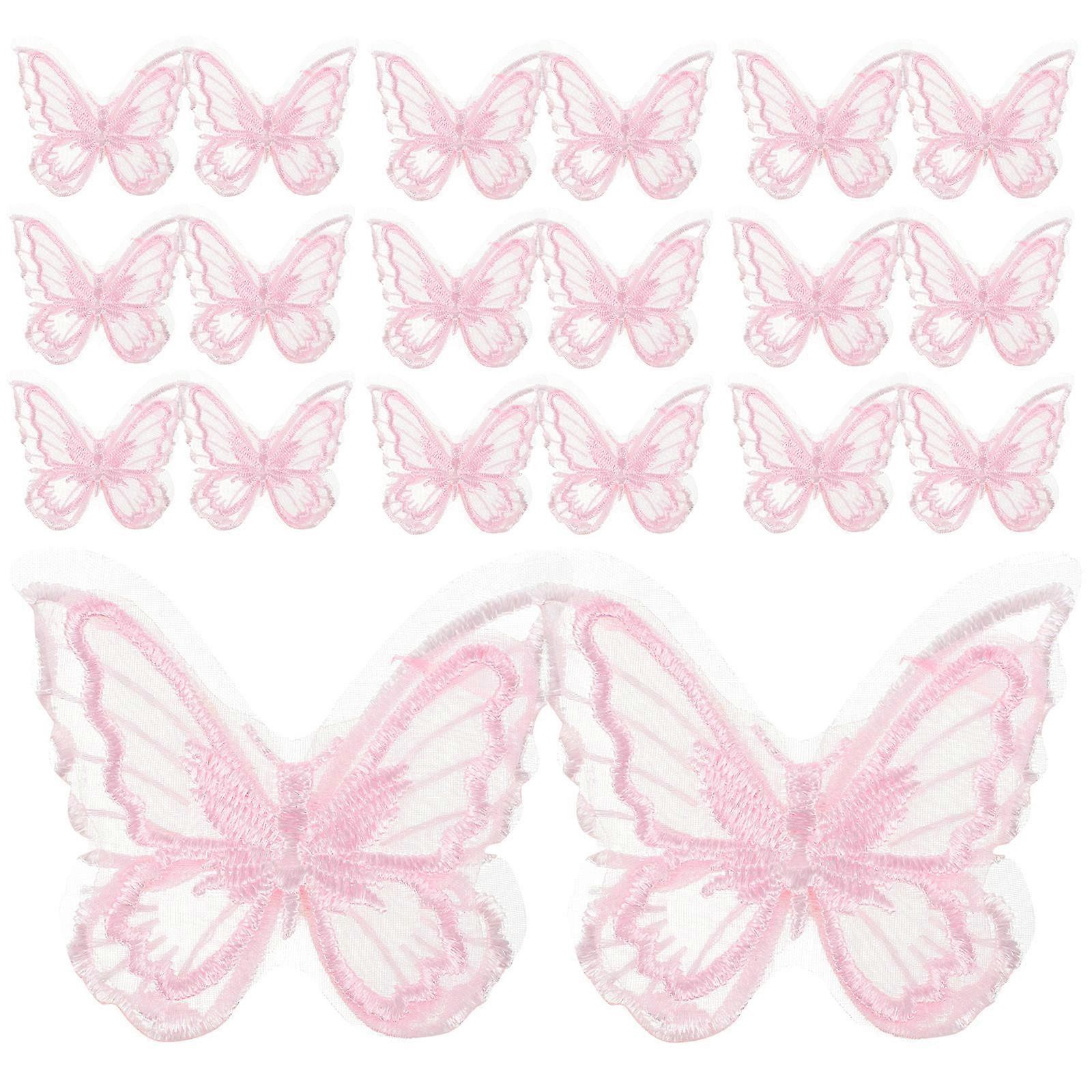 Realistic Butterflies Embroidered Organza Appliques for DIY Pink Doublelayer Mesh Patches 30pcs